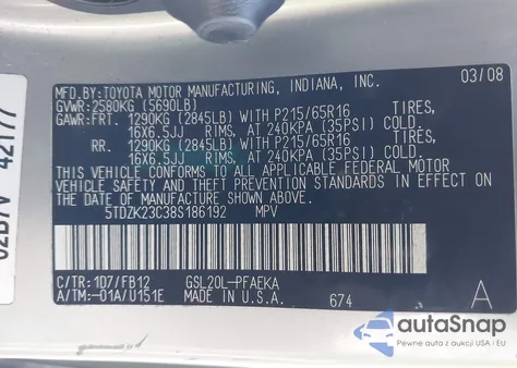 2008 Toyota Sienna Ce z USA, uszkodzony, nr VIN 5TDZK23C38S186192